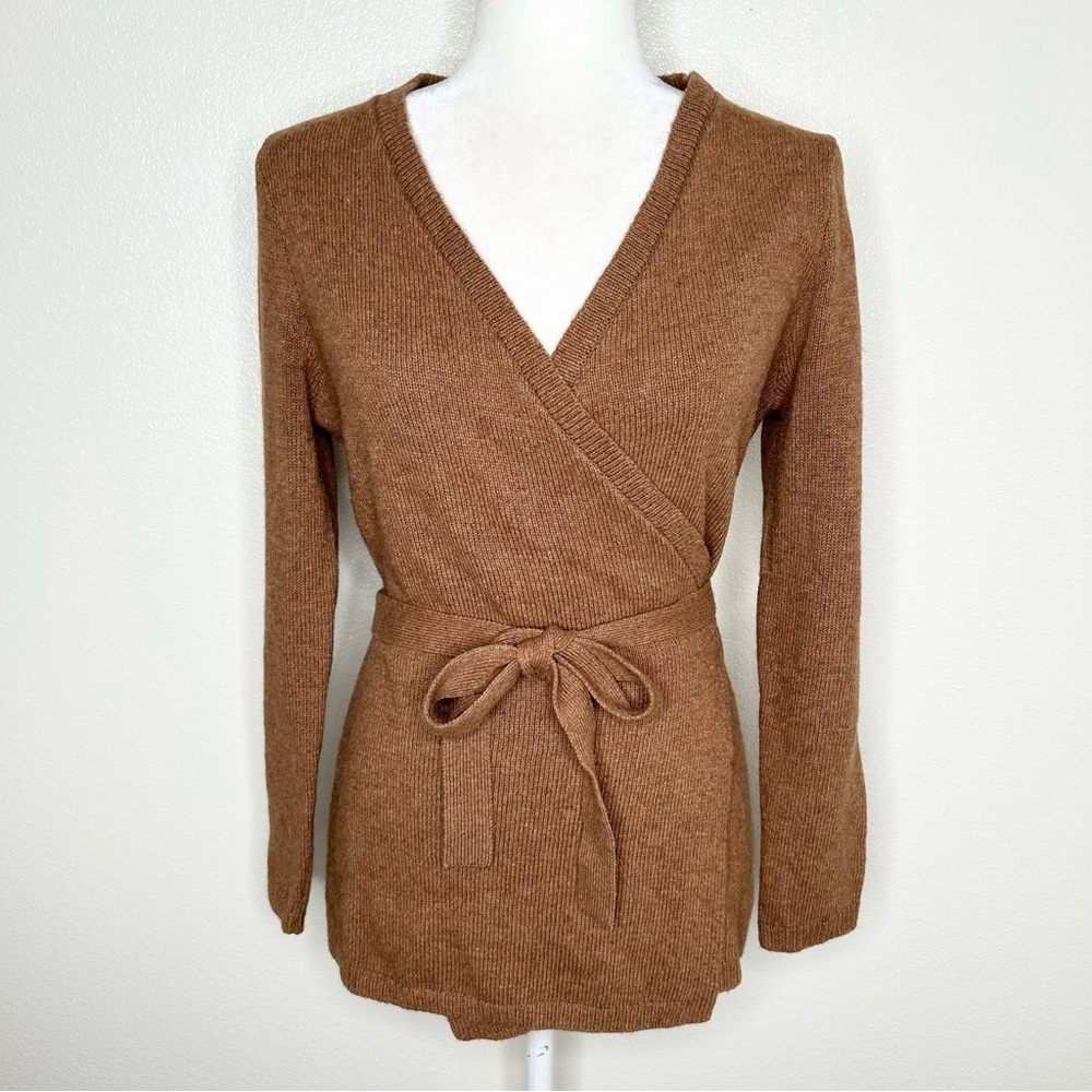 J Crew Mercantyle Womens Tan V-Neck Wool Blend Wrap Sweater Top Size S EUC